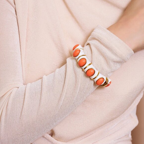 Kenneth Jay Lane, Enamel and Cabochon Hinged Bracelets, Turquoise/Coral - Picture 6 of 7